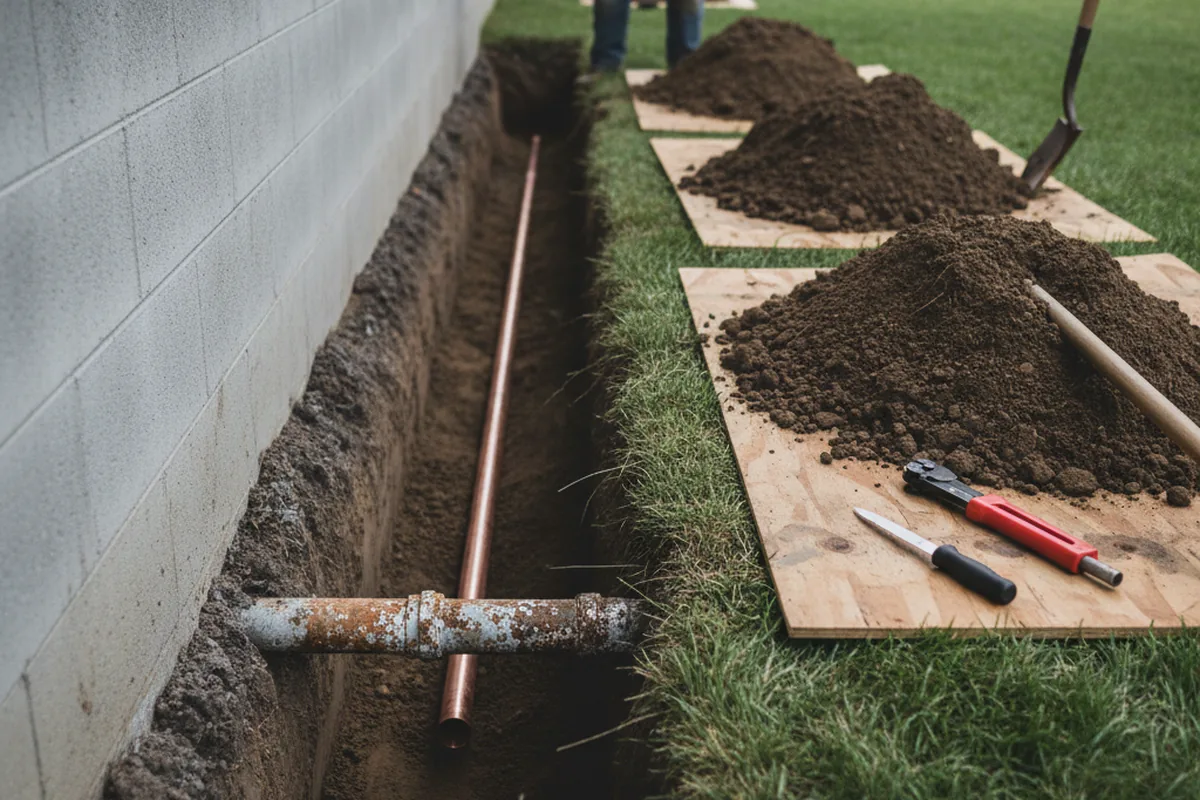 Excavated water line trench during Water Softener Installation in Geneva